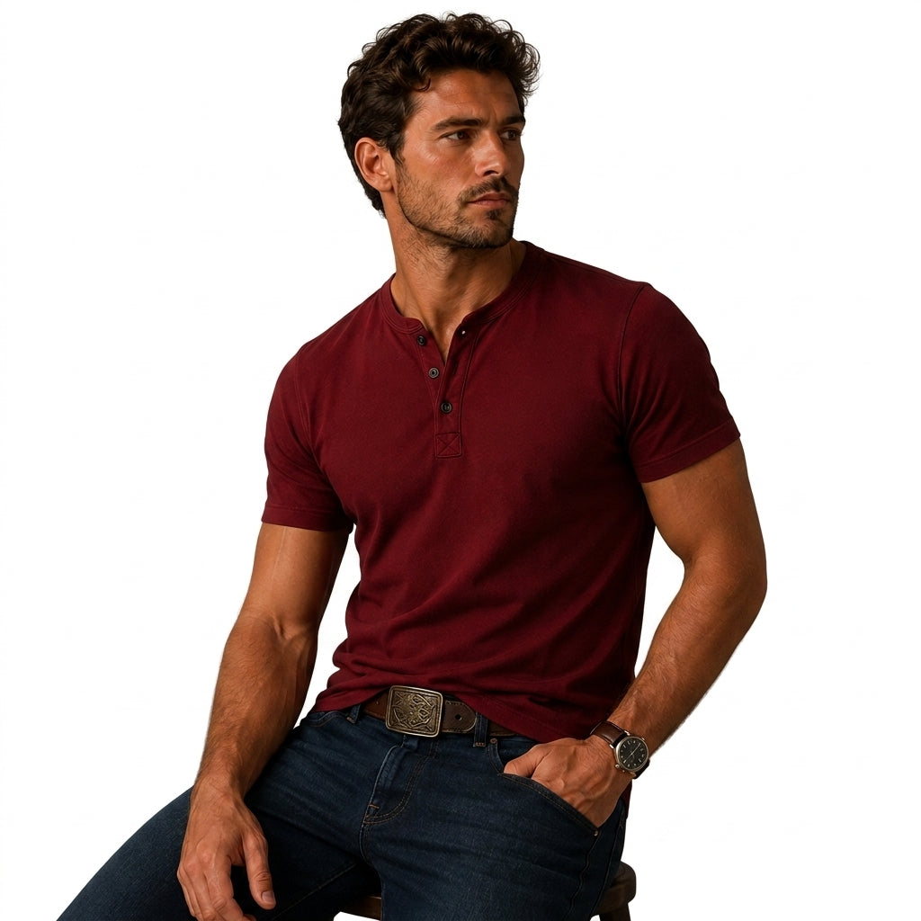 Hommes T shirt henley manches courtes patte de boutonnage trois boutons Rouge