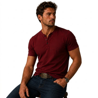 Hommes T shirt henley manches courtes patte de boutonnage trois boutons Rouge