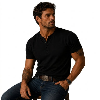 Hommes T shirt henley manches courtes patte de boutonnage trois boutons Noir