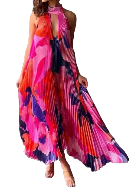 Femme Robe Longue à Col Tour de Cou et Structure Plissée