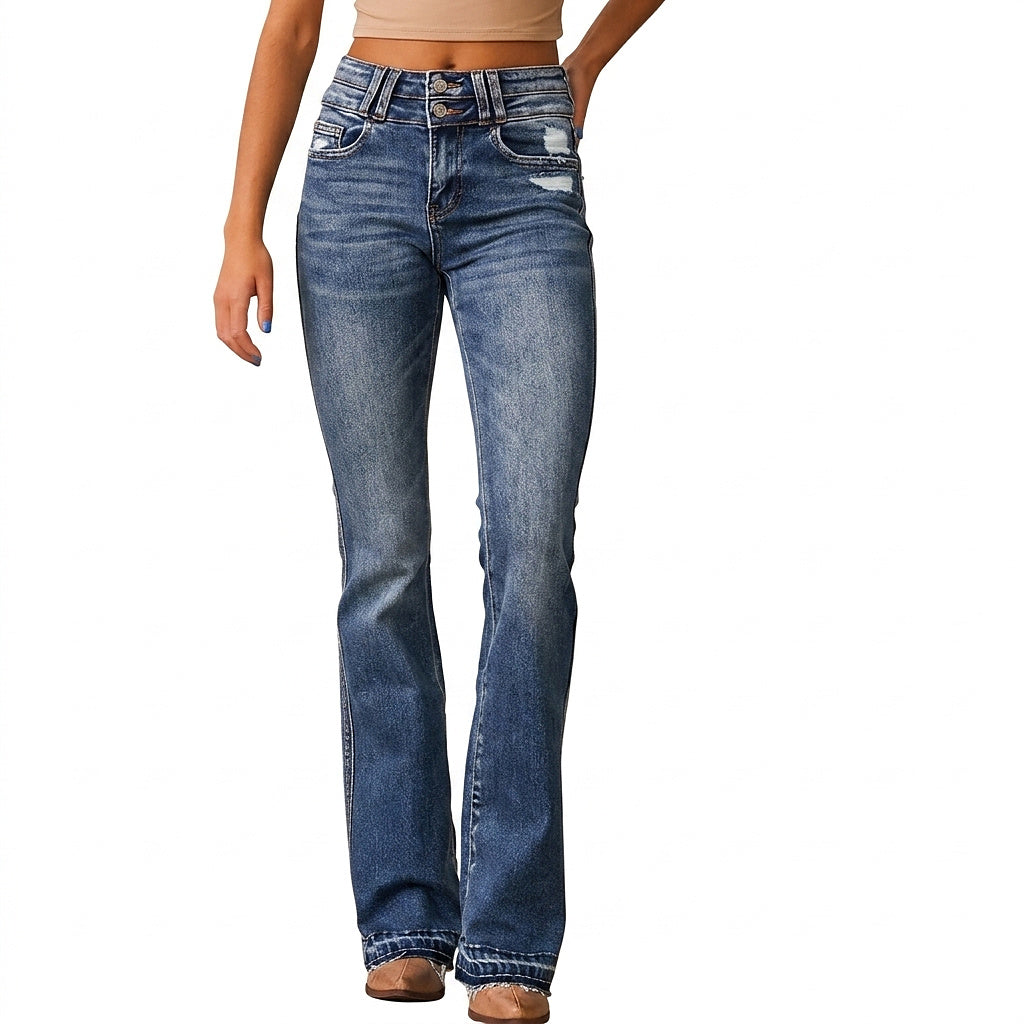 Jean bootcut taille haute pour femme avec ourlet effiloché 1