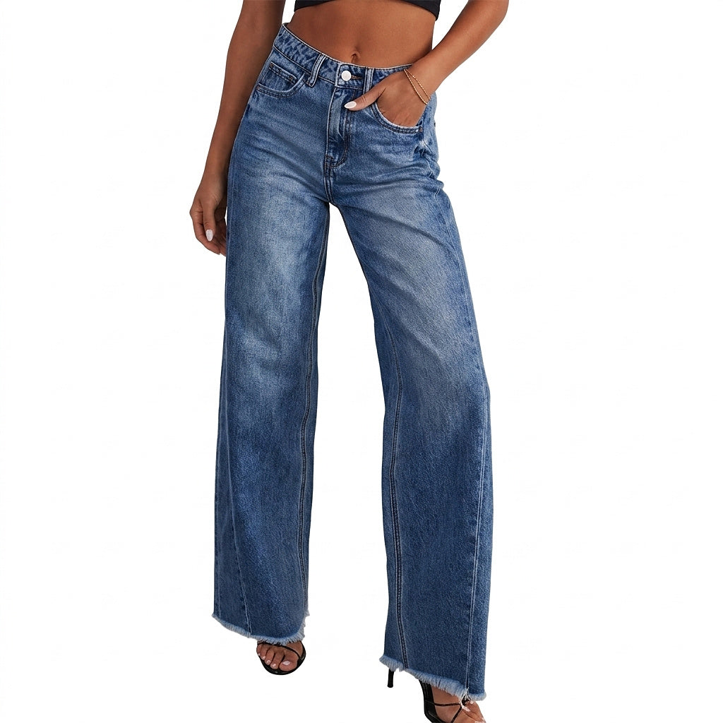 Jean large taille haute pour femme avec ourlet effiloché 1