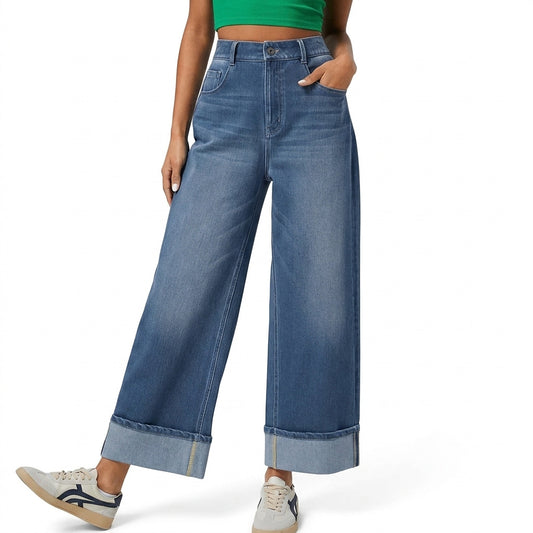 Jean large taille haute pour femme avec ourlets à revers 1