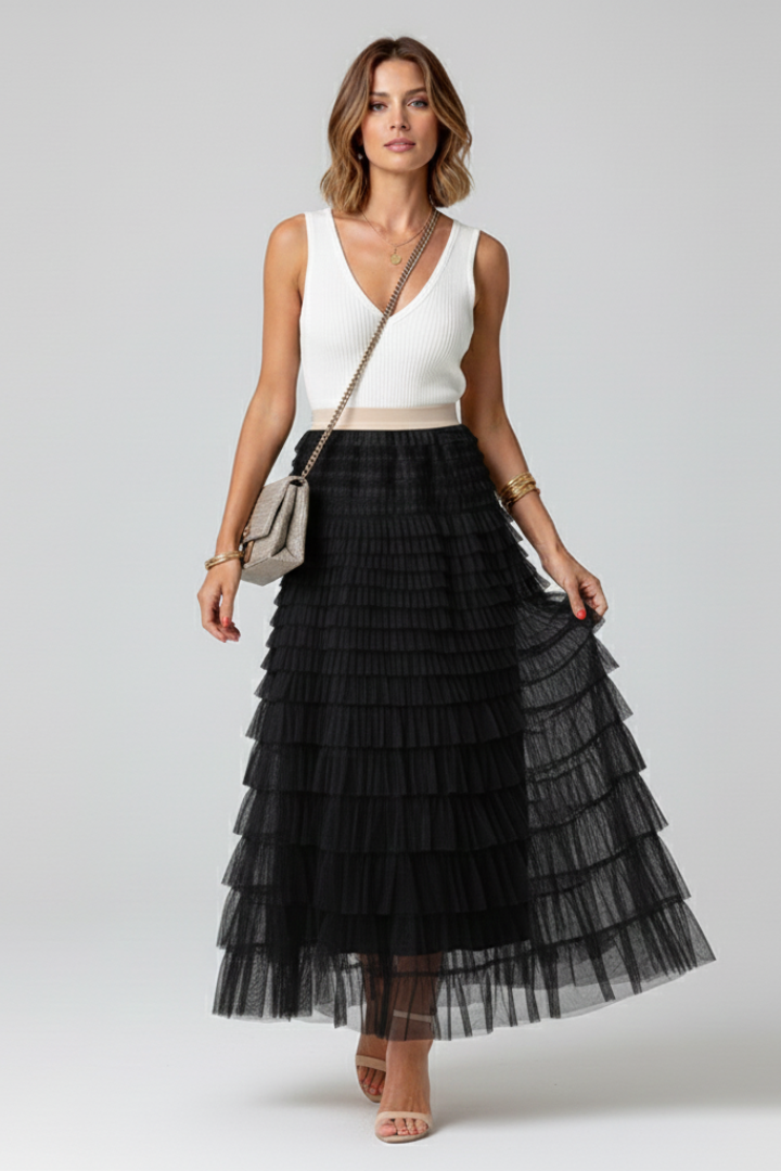 Jupe longue pour femme avec couches en mesh et taille élastique-Female Skirts-Gigié