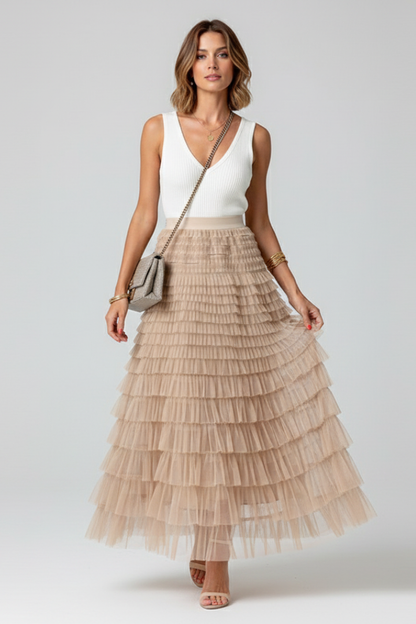 Jupe longue pour femme avec couches en mesh et taille élastique-Female Skirts-Gigié