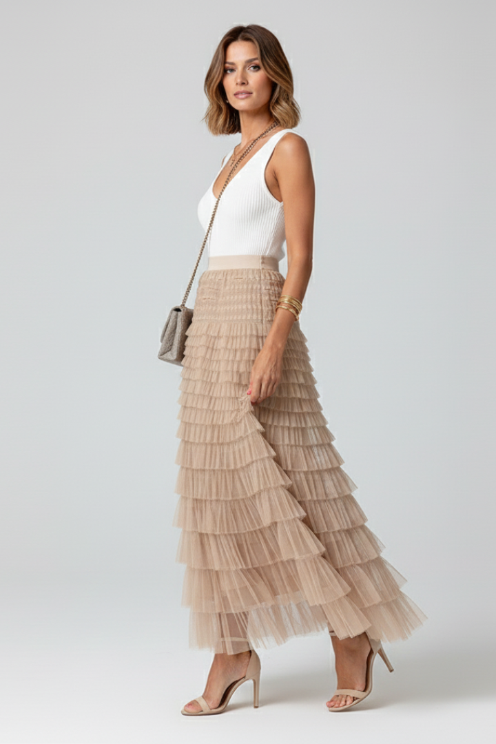 Jupe longue pour femme avec couches en mesh et taille élastique-Female Skirts-Gigié