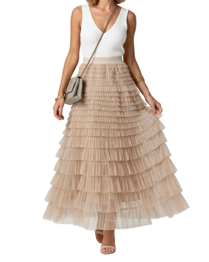 Jupe longue pour femme avec couches en mesh et taille élastique-Female Skirts-Gigié