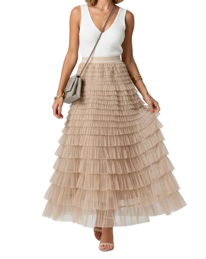 Jupe longue pour femme avec couches en mesh et taille élastique-Female Skirts-Gigié