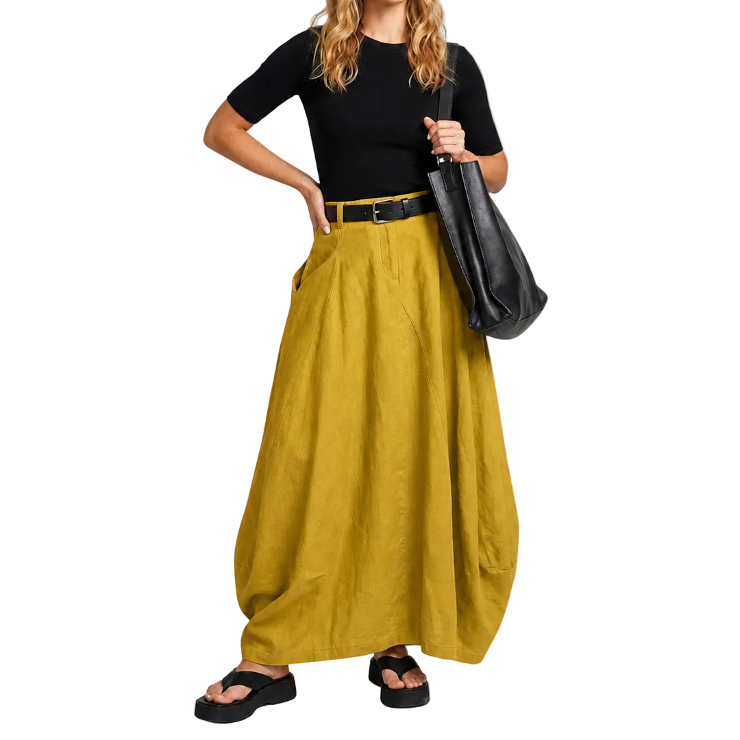 Jupe maxi femme taille haute avec passants de ceinture et poches latérales-Female Skirts-Gigié