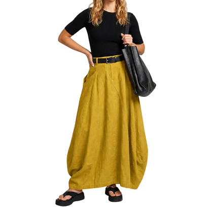 Jupe maxi femme taille haute avec passants de ceinture et poches latérales-Female Skirts-Gigié