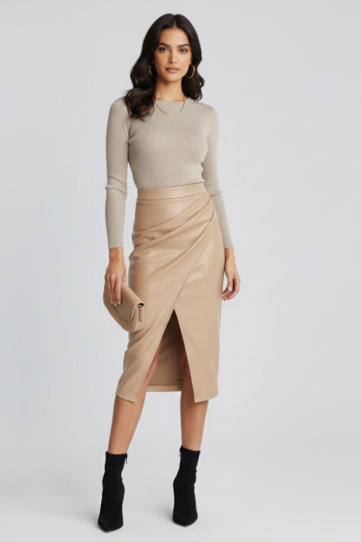 Jupe mi-longue pour femme avec taille haute et fente avant-Female Skirts-Gigié