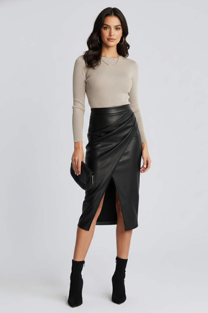 Jupe mi-longue pour femme avec taille haute et fente avant-Female Skirts-Gigié