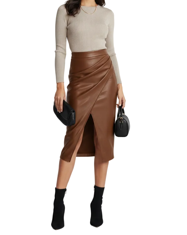 Jupe mi-longue pour femme avec taille haute et fente avant-Female Skirts-Gigié