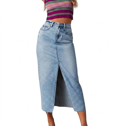 Jupe midi en jean taille haute pour femme avec fente avant 1