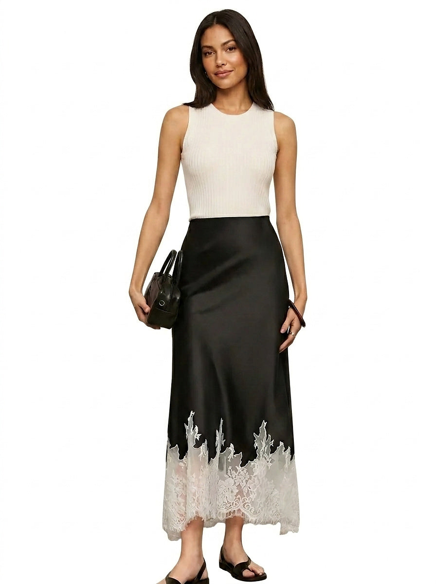 Jupe midi en satin pour femme avec ourlet en dentelle 1