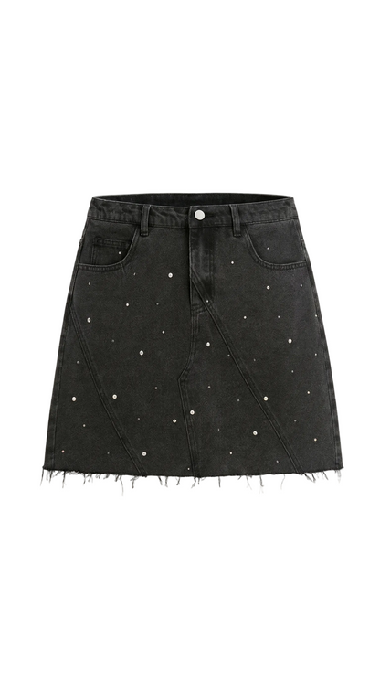 Jupe mini en denim femme avec panneaux avant, fermeture à bouton et ourlet brut-Female Skirts-Gigié