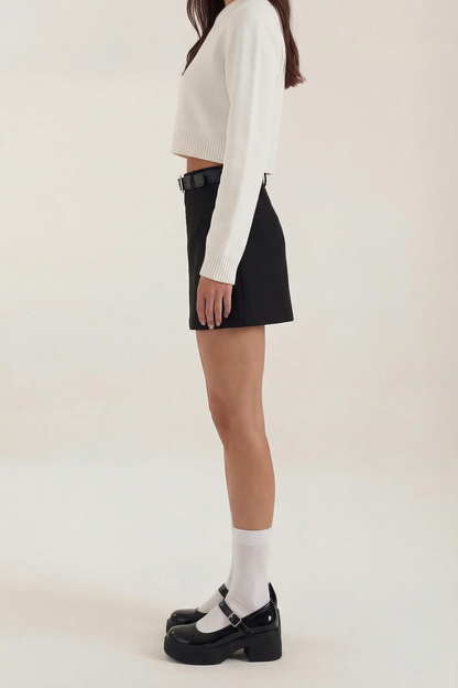 Jupe mini femme taille haute avec passants de ceinture et ourlet droit-Female Skirts-Gigié