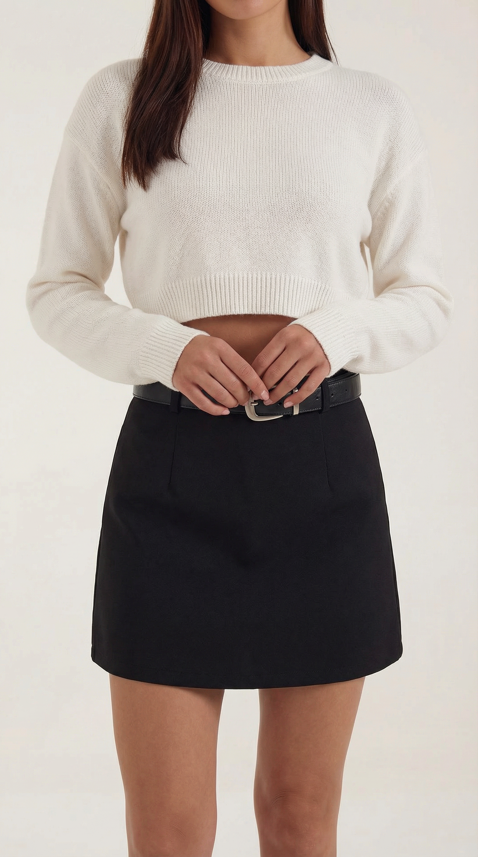 Jupe mini femme taille haute avec passants de ceinture et ourlet droit-Female Skirts-Gigié