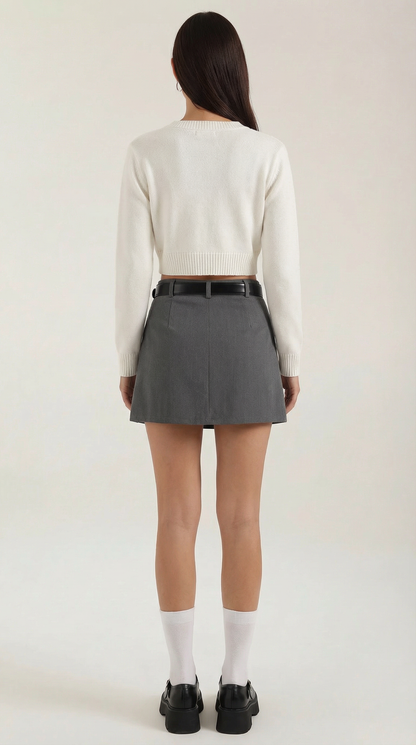 Jupe mini femme taille haute avec passants de ceinture et ourlet droit-Female Skirts-Gigié