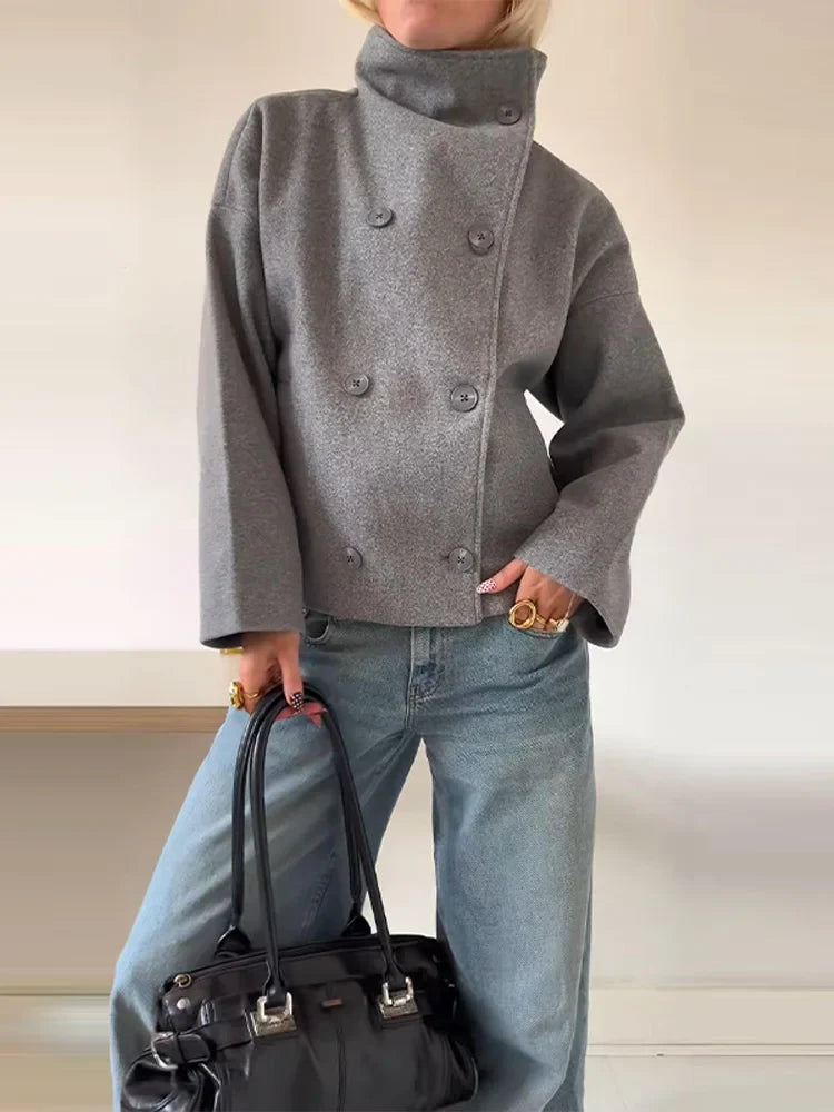 Manteau Court Femme Col Montant & Double Boutonnage-Gigié