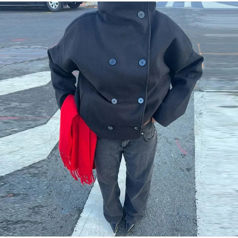 Manteau Court Femme Col Montant & Double Boutonnage-Gigié