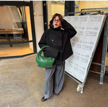 Manteau Court Femme Col Montant & Double Boutonnage-Gigié