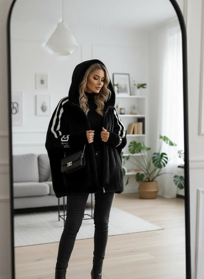 Manteau Hiver Femme À Capuche Manches Contrastées-Gigié