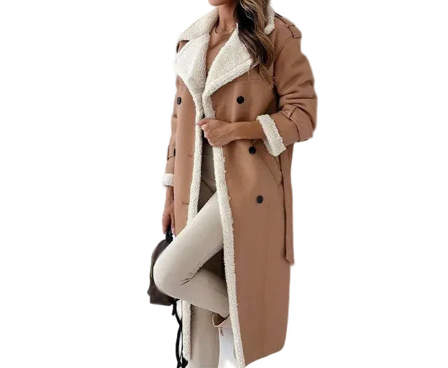 Manteau Long Hiver Femme Effet Peau Lainée & Col Fausse Fourrure-Gigié