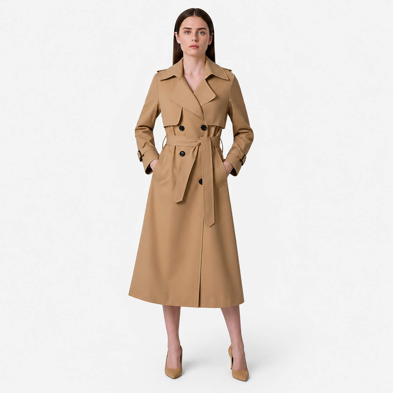Manteau trench femme croisé avec ceinture, col à revers et pattes de serrage aux poignets-Womens Coat-Gigié