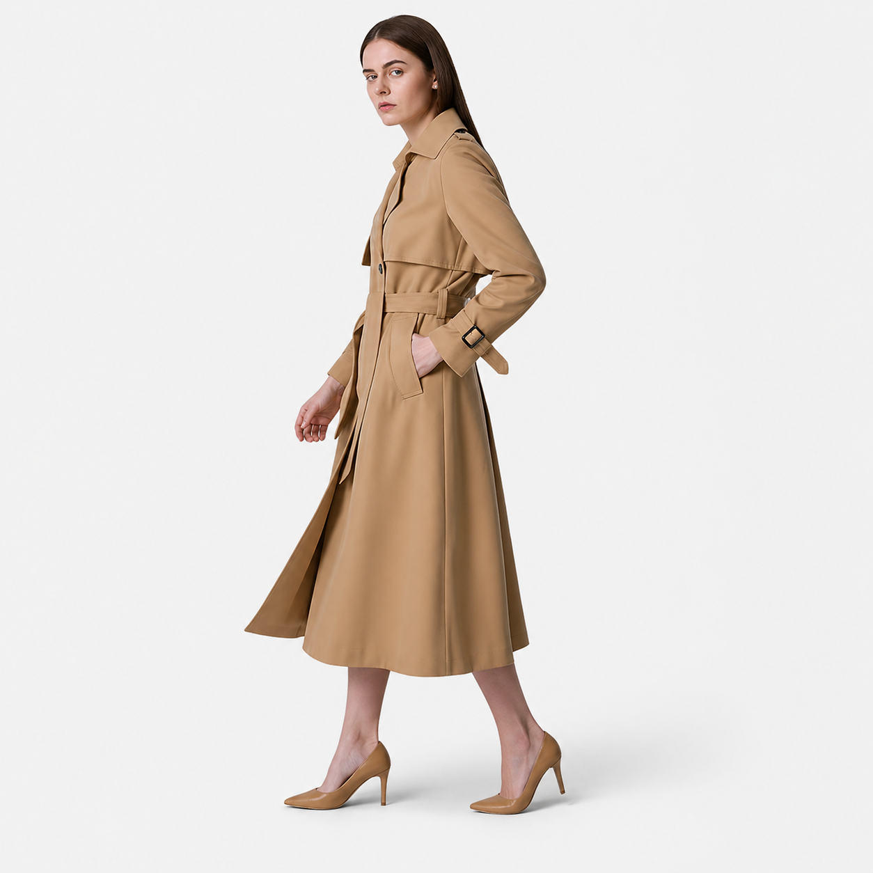 Manteau trench femme croisé avec ceinture, col à revers et pattes de serrage aux poignets-Womens Coat-Gigié