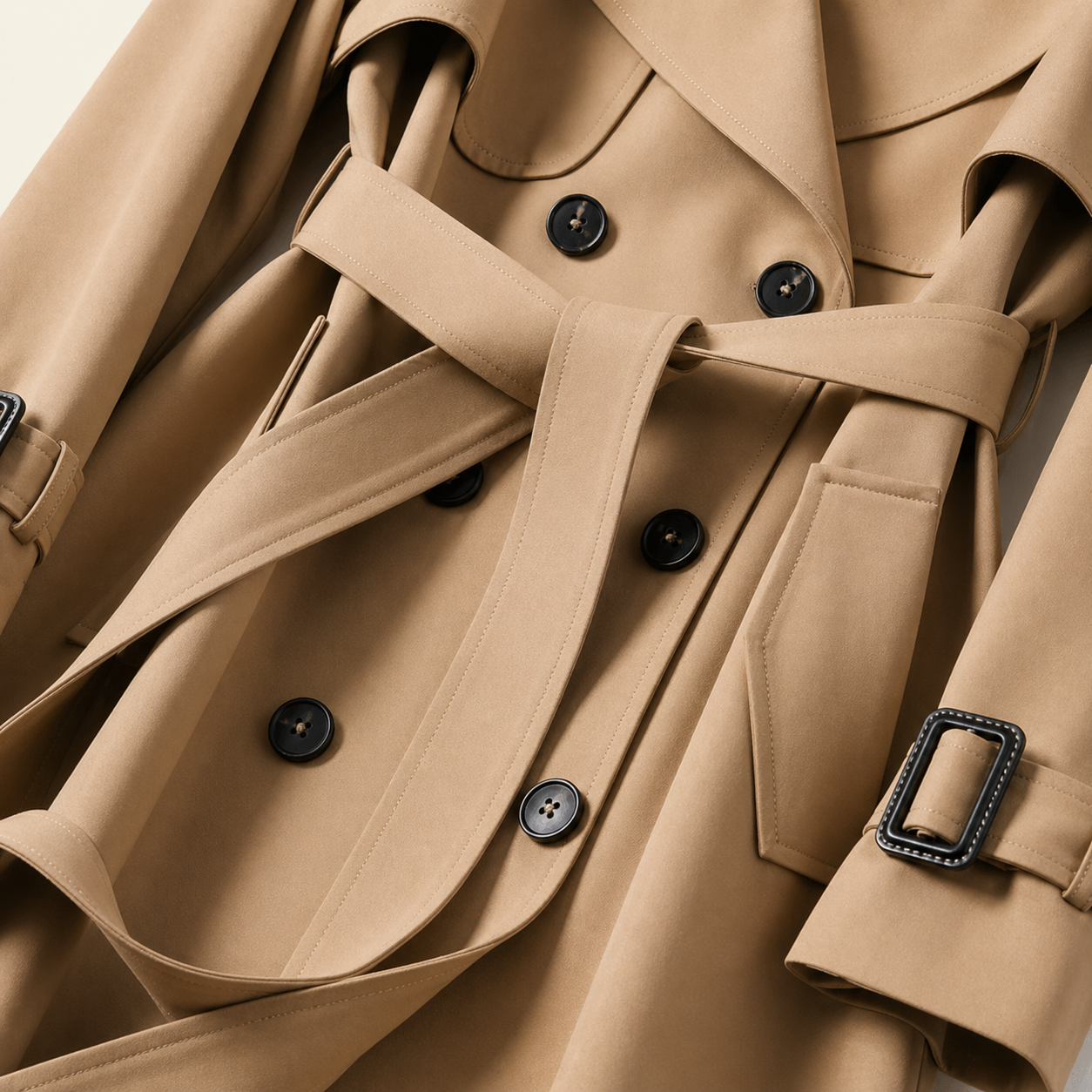 Manteau trench femme croisé avec ceinture, col à revers et pattes de serrage aux poignets-Womens Coat-Gigié