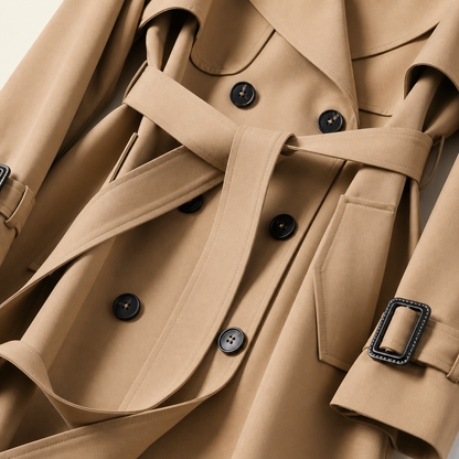 Manteau trench femme croisé avec ceinture, col à revers et pattes de serrage aux poignets-Womens Coat-Gigié