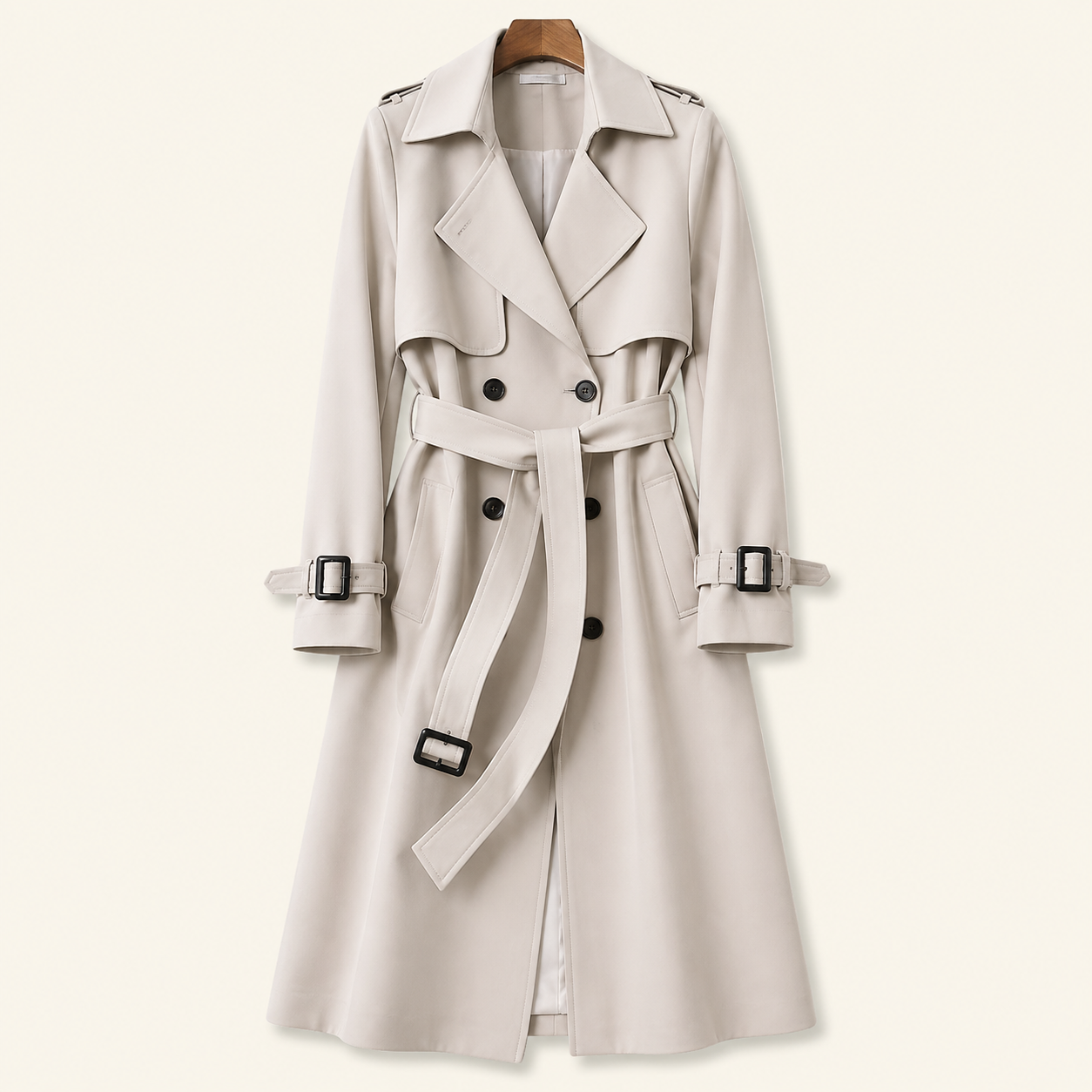 Manteau trench femme croisé avec ceinture, col à revers et pattes de serrage aux poignets-Womens Coat-Gigié