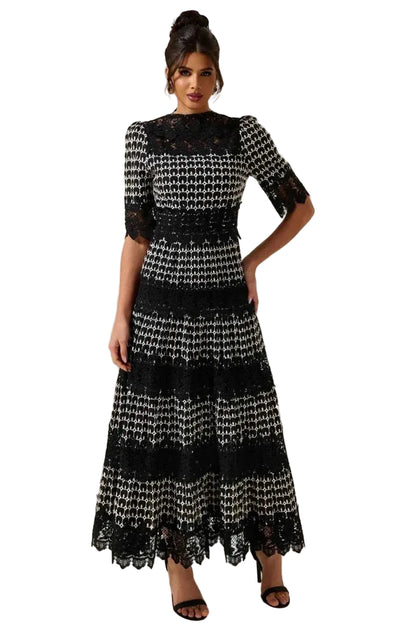 Robe Longue Élégante pour Femme avec Panneaux en Dentelle et Motif Jacquard