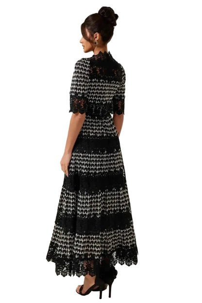 Robe Longue Élégante pour Femme avec Panneaux en Dentelle et Motif Jacquard