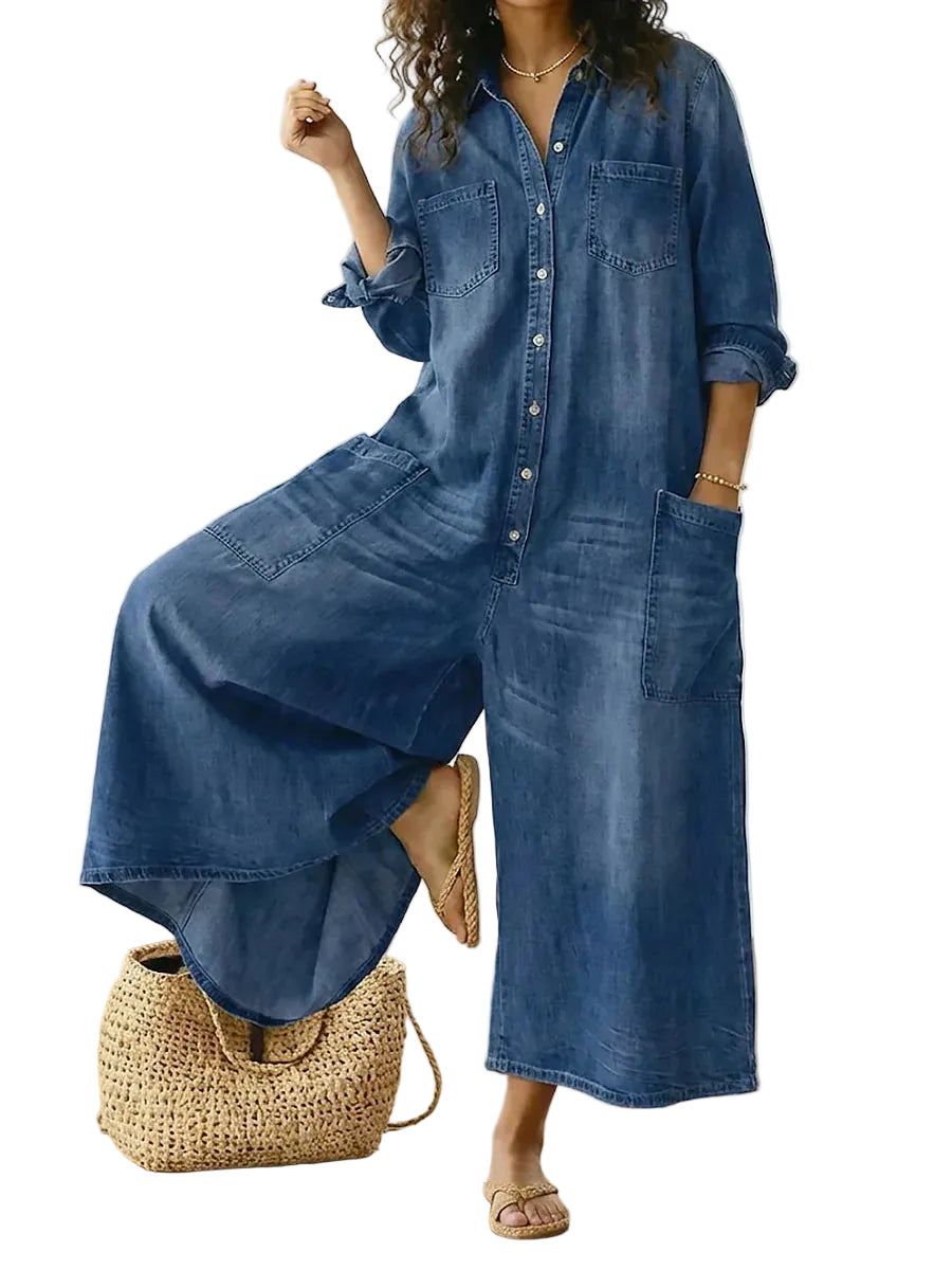 Combinaison en denim pour femme à jambe large et boutonnage frontal