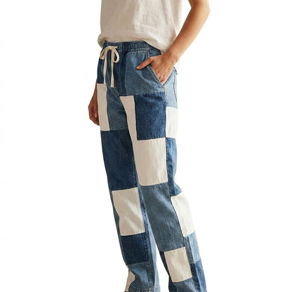 Pantalon droit en jean patchwork pour femme 1