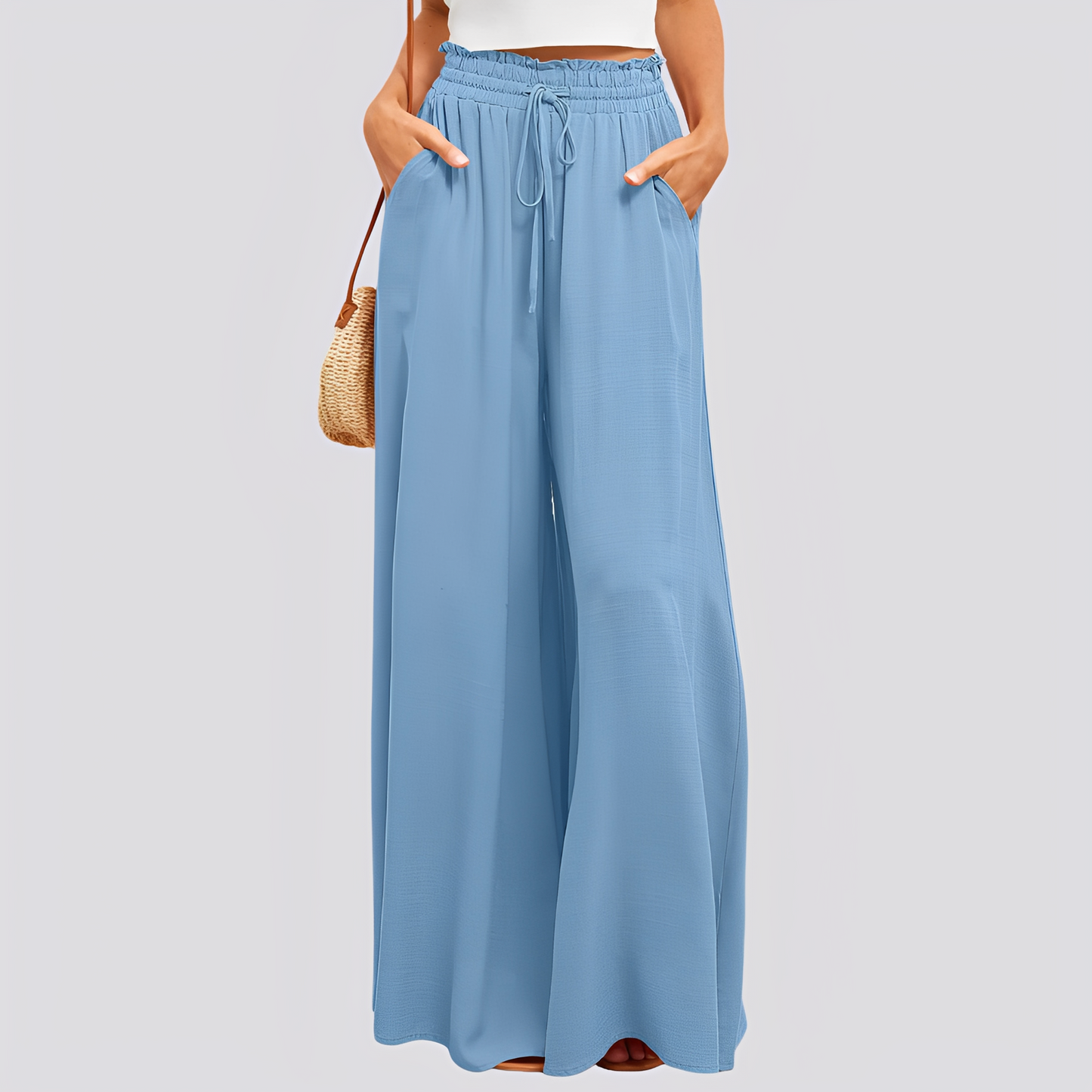 Pantalon femme à jambes larges avec taille élastique et cordon de serrage-Pants Female-Gigié