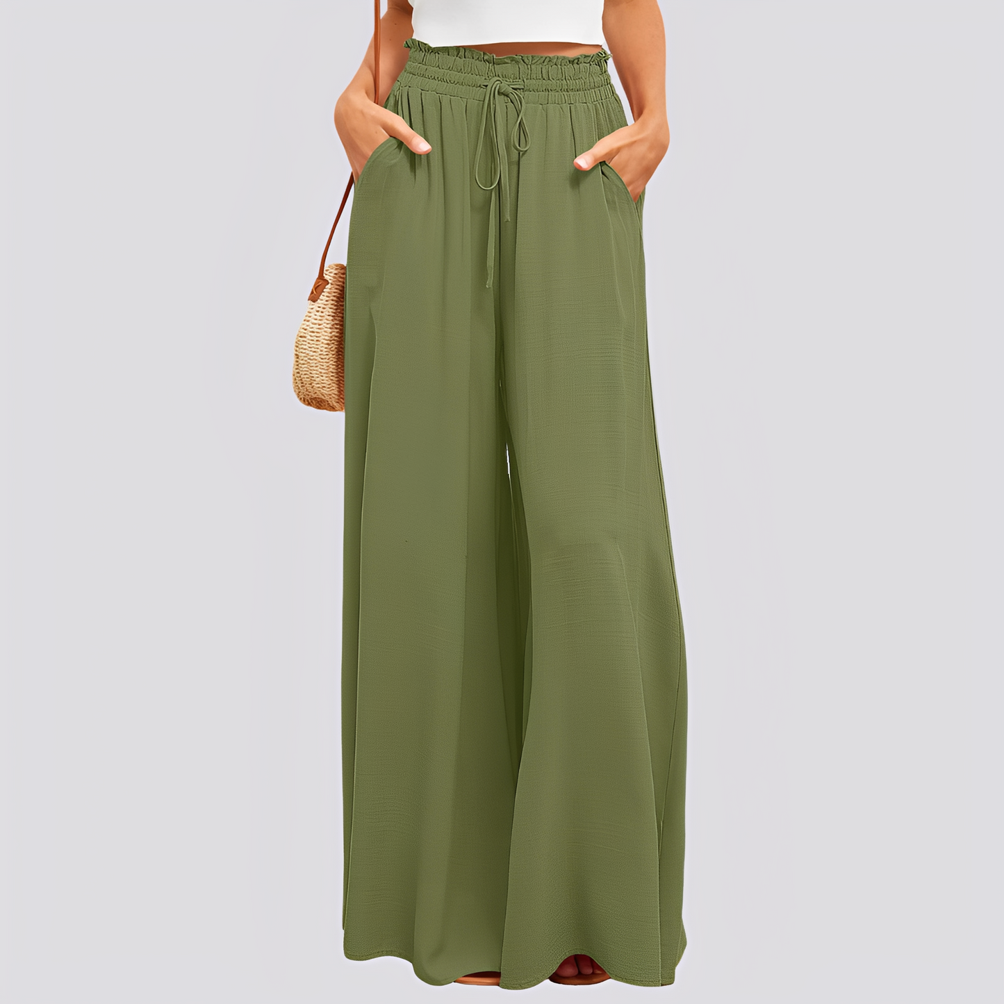 Pantalon femme à jambes larges avec taille élastique et cordon de serrage-Pants Female-Gigié