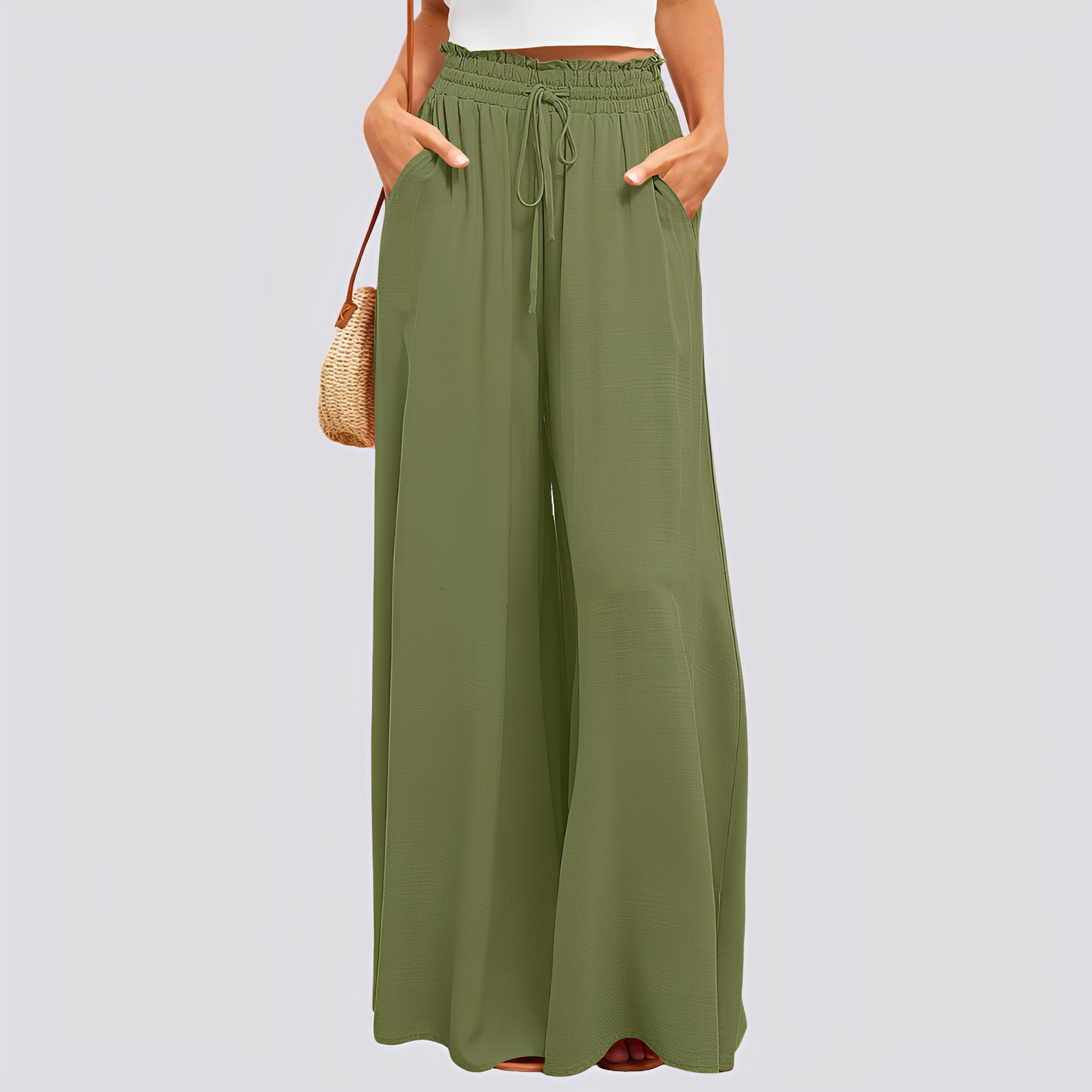 Pantalon femme à jambes larges avec taille élastique et cordon de serrage-Pants Female-Gigié