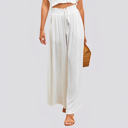 Pantalon femme à jambes larges avec taille élastique et cordon de serrage-Pants Female-Gigié