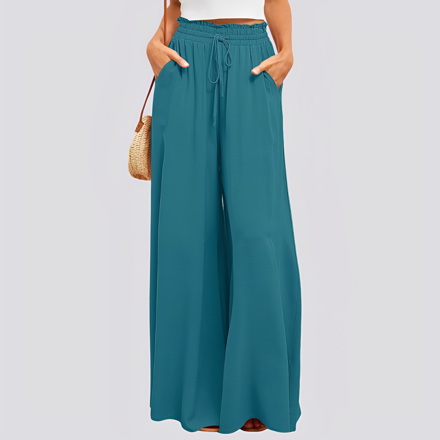 Pantalon femme à jambes larges avec taille élastique et cordon de serrage-Pants Female-Gigié