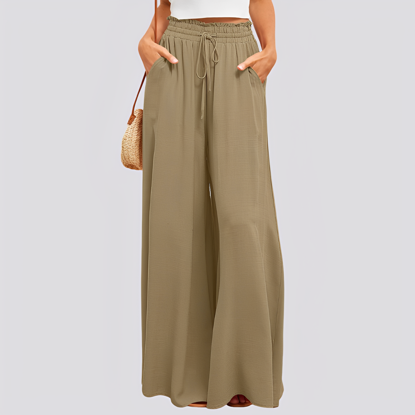 Pantalon femme à jambes larges avec taille élastique et cordon de serrage-Pants Female-Gigié