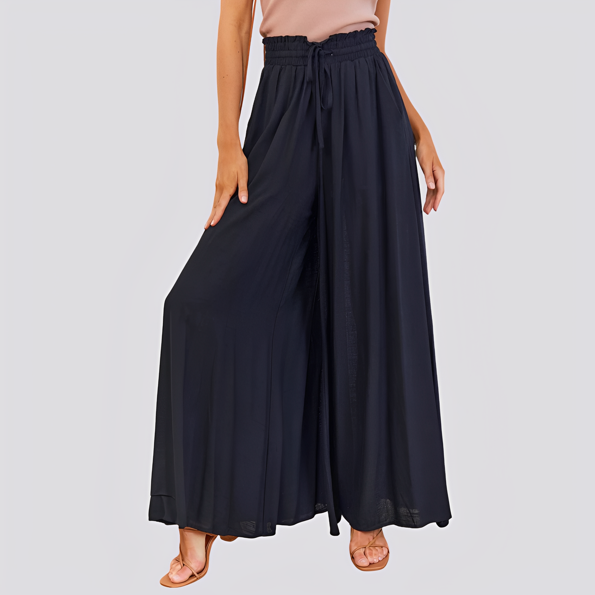 Pantalon femme à jambes larges avec taille élastique et cordon de serrage-Pants Female-Gigié