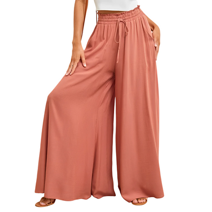 Pantalon femme à jambes larges avec taille élastique et cordon de serrage-Pants Female-Gigié