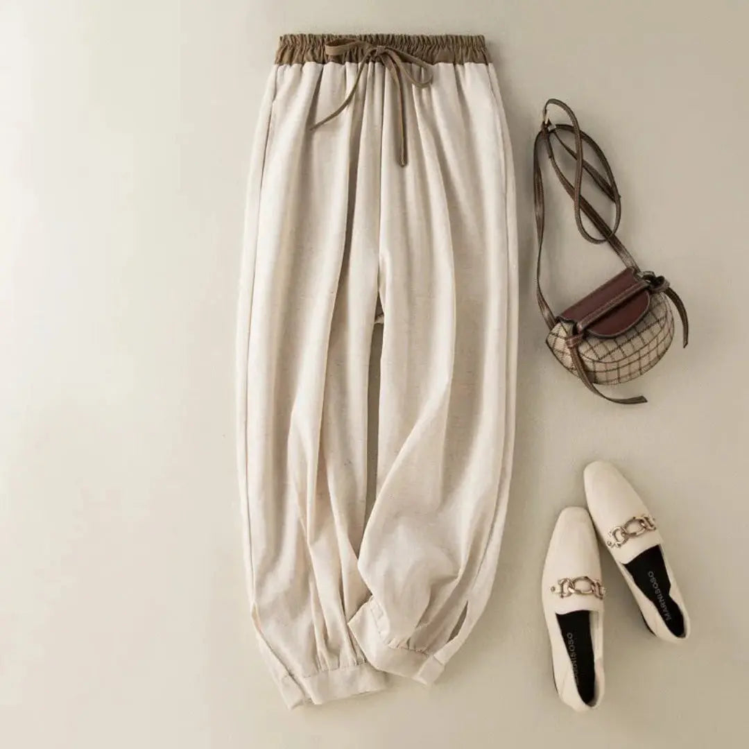 Pantalon femme avec taille élastique, cordon de serrage, jambes fuselées et ourlets resserrés-Pants Female-Gigié