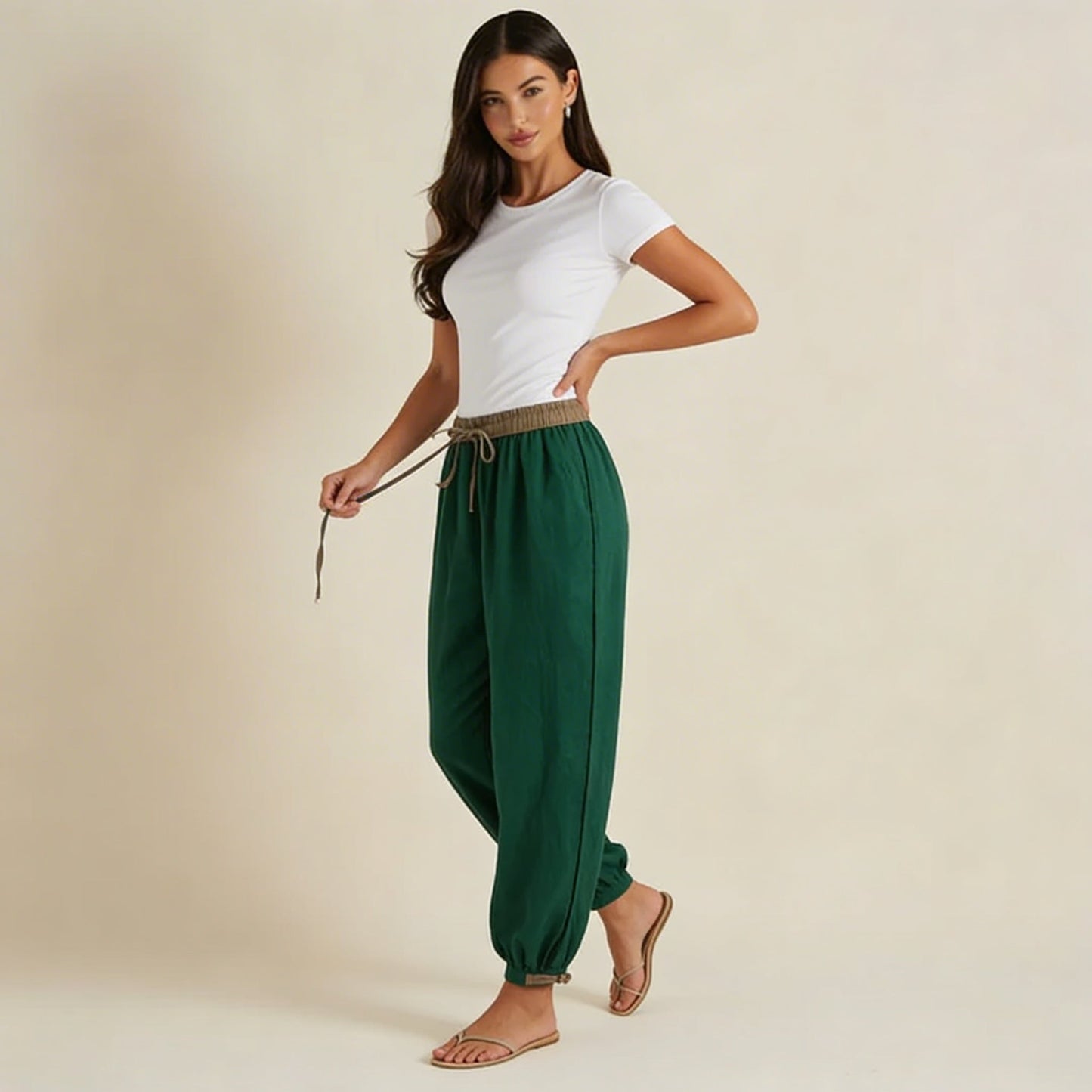 Pantalon femme avec taille élastique, cordon de serrage, jambes fuselées et ourlets resserrés-Pants Female-Gigié