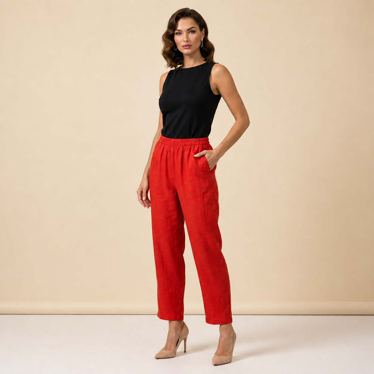 Pantalon femme avec taille élastique et jambes droites en longueur complète-Pants Female-Gigié