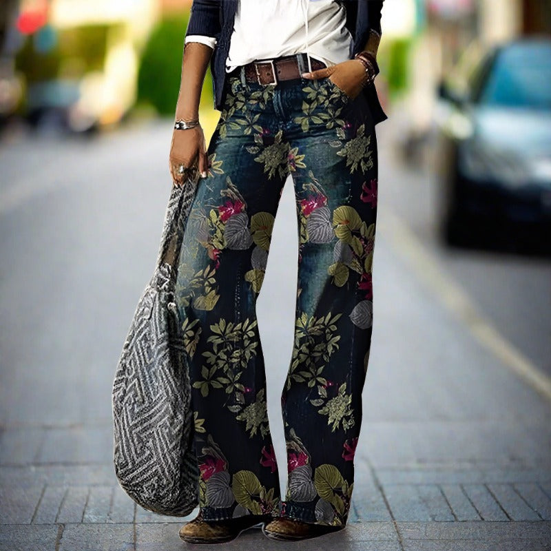 Pantalon Femme Coupe Droite avec Motif Imprimé et Passants de Ceinture-Pants Female-Gigié