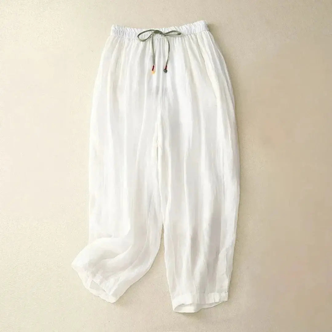 Pantalon femme taille haute avec jambes droites, cordon de serrage et poches latérales-Pants Female-Gigié